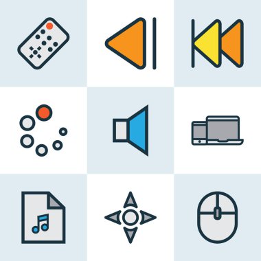 Müzik simgeleri ile önceki Ayarla satır, denetleyicisi, Gadget'ı ve diğer önceki öğeleri renkli. İzole illüstrasyon müzik simgeleri.