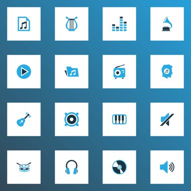 Ses simgeler kümesi Başlat, sessizlik, megafon ve diğer birim elemanları renkte. İzole illüstrasyon ses simgeler.