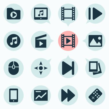 Multimedya simgeler hızlı ileri, klaket, video ve diğer film öğeleri ile ayarlayın. İzole illüstrasyon multimedya simgeler.