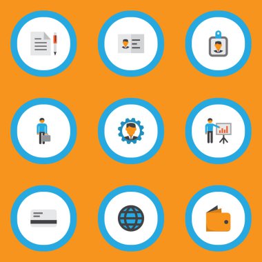 İş simgeleri düz stil öğeleri dünya, banka kartı, kimlik doğrulaması ve diğer sözleşme ile ayarlayın. İzole illüstrasyon iş simgeleri.