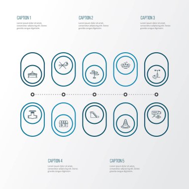 Kamu. Manzarası simgeler stil Köprüsü, yürüyen merdiven, şehir ışıkları ve diğer kahvehane öğeleri kümesi satır. İzole illüstrasyon genel. Manzarası simgeler.