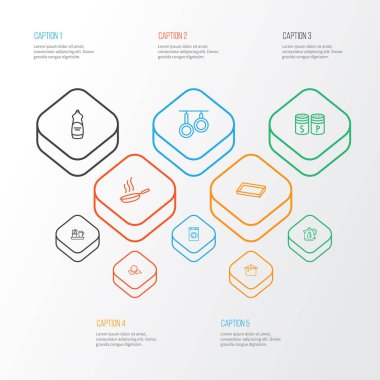 Gastronomi simgeleri ile bulaşık makinası sıvı, çamaşır makinesi, levha ve diğer tava öğeleri pişirme stil kümesi satır. İzole illüstrasyon gastronomi simgeler.