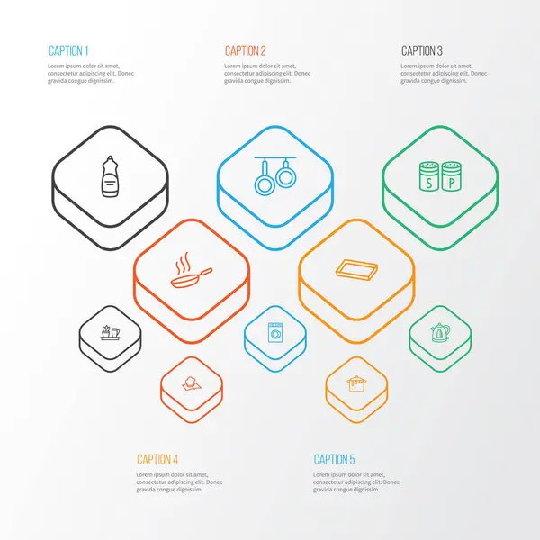 요리법 아이콘 라인 식기 세척기 액체, 세탁기, 베이킹 시트 및 다른 프라이팬 요소 스타일 모음. 고립 된 그림 요리법 아이콘. — 스톡 사진