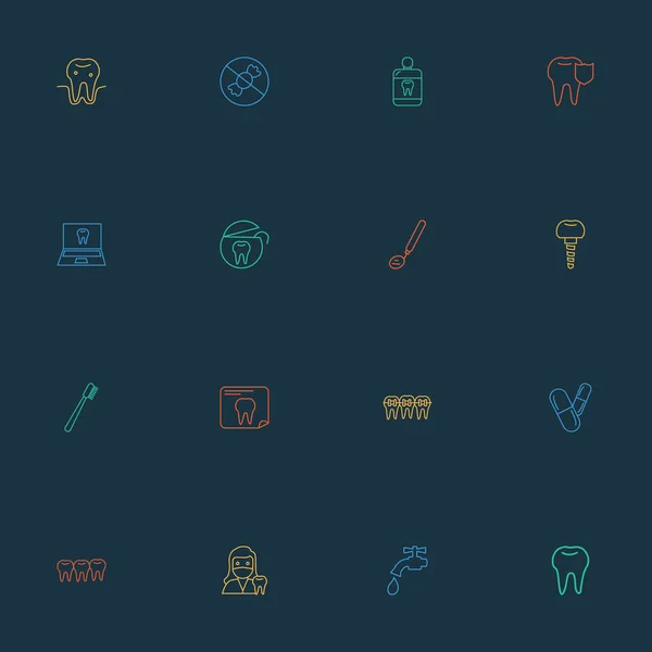 Fogászati ikonok vonaltípus beállítása a tabletták, a víz-daru, a fogak és a szabad cukor elemeivel. Elszigetelt illusztráció fogászati ikonok. — Stock Fotó