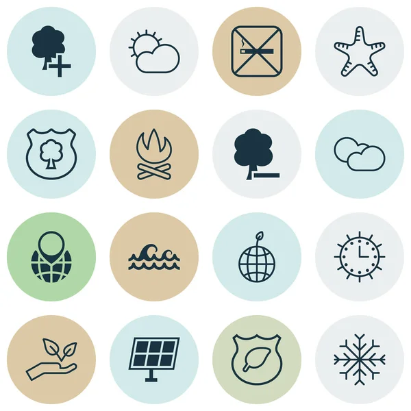 Eco pictogrammen ingesteld met globe aanwijzer, plant boom, zonnig weer en andere elementen van de klok zon. Geïsoleerde illustratie eco pictogrammen. — Stockfoto