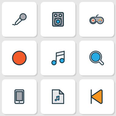 Medya simgeleri renkli çizgi joystick, şarkı listesi, smartphone ve diğer daire ile öğeleri ayarlayın. İzole vektör çizim medya simgeler.