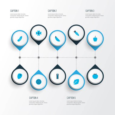 Gıda simgeler kümesi ıspanak, biber, domates ve diğer palmiye meyve öğeleri ile renkli. İzole vektör çizim gıda simgeler.