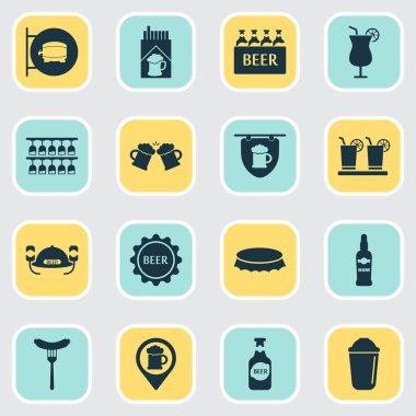 Icons set bira bardağı, ROM, gazoz kutusu ve diğer alkol öğelerle birlikte iç. İzole vektör çizim içki simgeler.