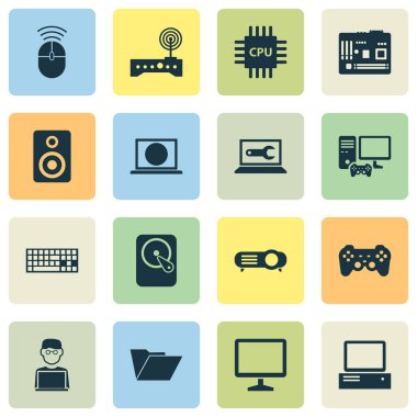 Aygıt simgelerini klavye, anakart, sabit disk ve diğer dosya öğeleri ile ayarlayın. İzole vektör çizim Aygıt simgeleri.