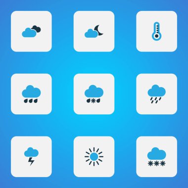 İklim simgeler kümesi yağmur, çiseleyen yağmur, Güneş ve diğer bulutlu gökyüzü öğeleri ile renkli. İzole vektör çizim iklim simgeler.