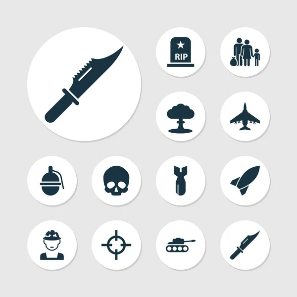 Ícones de batalha conjunto com soldado, faca, atirador e outros elementos de aeronaves. Ícones de batalha de ilustração vetorial isolados . —  Vetores de Stock