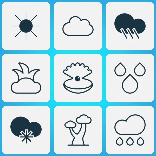 Iconos ecológicos con lluvia, árboles grandes, sol y otros elementos de lluvia. Iconos de ecología de ilustración vectorial aislada . — Archivo Imágenes Vectoriales