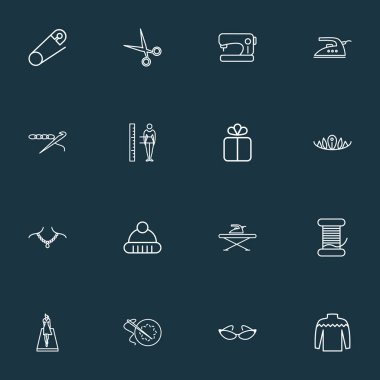 Stil ikonları stil dikiş makinesi, kedi göz güneş gözlüğü, kış şapka ve diğer gözlükler öğeleri kümesi satır. İzole vektör çizim stil ikonları.