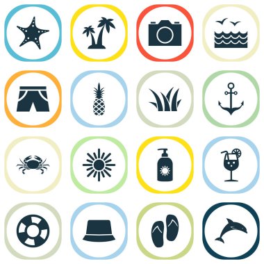 Sezon simgeleri ile deniz, yengeç, ayarla flip flop ve video diğer öğeler. İzole vektör çizim sezon simgeler.