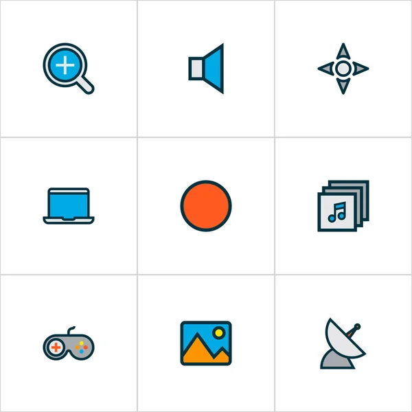 Multimedie ikoner farvet linje sæt med controller, post, joystick og andre tavshed elementer. Isoleret vektor illustration multimedie ikoner . – Stock-vektor