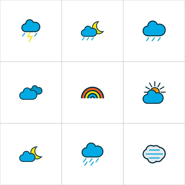 Iconos de aire de color conjunto de línea con nimbo, día nublado, gota de lluvia y otros elementos nublados. Iconos de aire de ilustración de vector aislado . — Archivo Imágenes Vectoriales