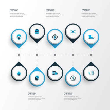Koruma simgeler kümesi ile renkli kapı, yanıcı, toz maskesi ve diğer şapkalar öğeleri açma dikkatli olun. İzole illüstrasyon koruma simgeler.