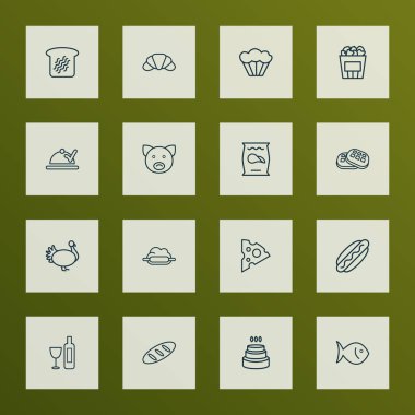 Simgeler çizgi stili yemek, gözleme, şarap, Doğum günü pastası ve net diğer öğeleri ile ayarlayın. İzole şekil kutsal kişilerin resmi yemek.