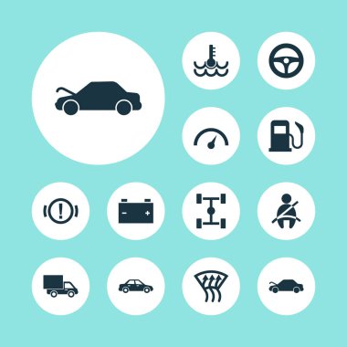 Otomobil simgeleri ile hız ayarla, ön cam defrost, van ve diğer en iyi duruma getirme öğeleri. İzole illüstrasyon otomobil simgeler.