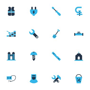 Sanayi simgeler kümesi ile kova araçları, konuşma seviyesi, renkte dönüş-vida ve diğer araç öğeleri. İzole illüstrasyon sanayi simgeleri.