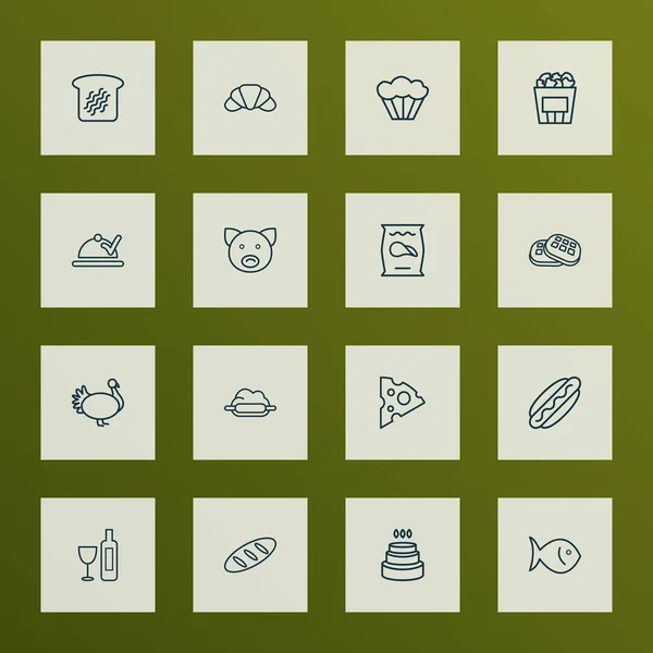 Comer iconos de estilo de línea con waffle, vino, pastel de cumpleaños y otros elementos crujientes. Iconos aislados para comer ilustración . — Foto de Stock