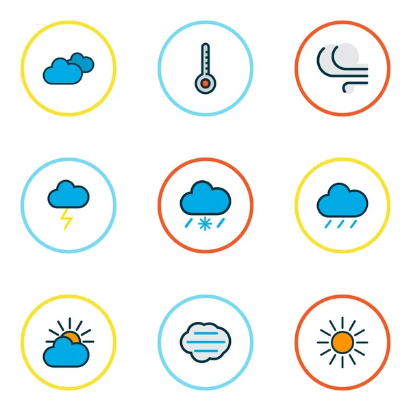 Iconos de aire línea de colores con heladas, tempestad, luz solar y otros elementos ventosos. Iconos de aire de ilustración aislada . — Foto de Stock