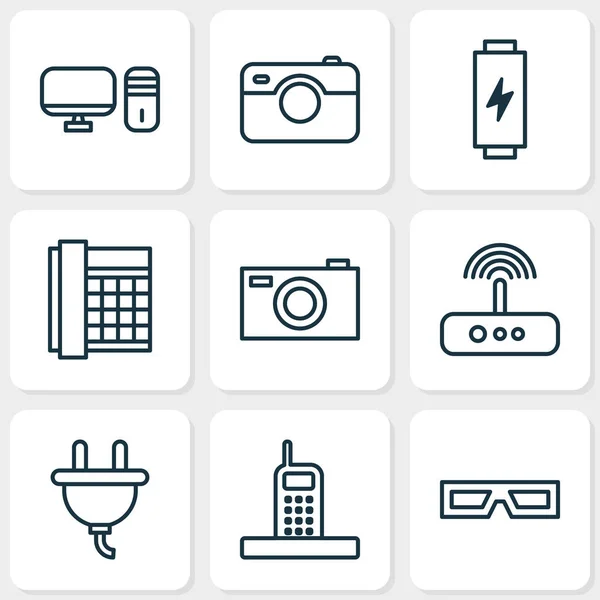 Hardware-Icons mit Fotografieren, Desktop-PC, 3D-Brille und anderen Sockel-Elementen. isolierte Abbildung Hardware-Symbole. — Stockfoto