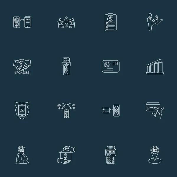 Handel ikoner linje stil set med miles kort, säker betalning, pengar till kort och andra kolumner graf element. Isolerade illustration handel ikoner. — Stockfoto