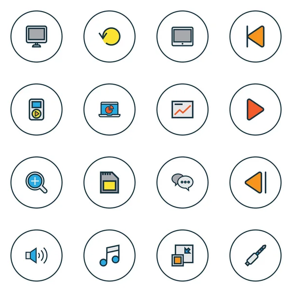 Icone musicali colorate con audio, monitor, lente d'ingrandimento e altri elementi del lettore. Isolate icone di musica illustrazione . — Foto Stock