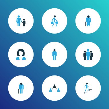 İnsan simgeler kümesi işkadını, takım, tırmanma ve diğer eski öğeleri ile renkli. İzole vektör illüstrasyon insan simgeleri.