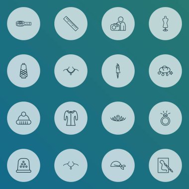 Şık simgeleri stil kümesi ile teyp ve diğer bluz öğeleri ölçme cetveli, bilezik, hatta. İzole vektör çizim moda simgeler.