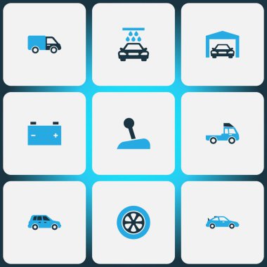 Otomatik simgeler kümesi ile sopa, crossover, kamyon ve diğer vites kolu öğeleri renkli. İzole vektör çizim otomatik simgeler.