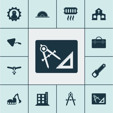 Endüstriyel Icons set ile çalışma, kilise, tarak ve diğer radyatör öğeleri ile. İzole vektör çizim endüstriyel simgeler.