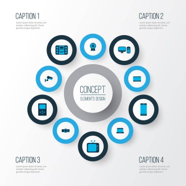 Gadget'ı simgeler kümesi ile dizüstü bilgisayar, oyuncu, video kamera ve diğer taşınabilir bilgisayar öğeleri renkli. İzole vektör çizim aracı simgeler.