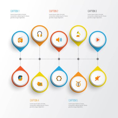 Düz stil ile ayarla dinle müzik simgeleri, ses, Filarmoni ve diğer öğeleri sessiz. İzole vektör illüstrasyon müzik simgeleri.