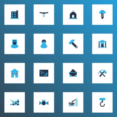 Endüstriyel simgeler vida ile foreman, sondaj makine ve diğer potansiyel satış öğeleri kümesi renkte. İzole vektör çizim endüstriyel simgeler.