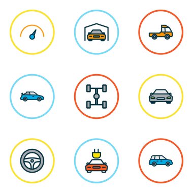 Araba simgeler renkli çizgi garaj, dingil mesafesi, direksiyon simidi ve diğer sedan ile öğeleri ayarlayın. İzole vektör çizim araba simgeler.