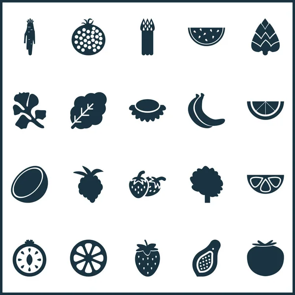 Food icons set with strawberries, papaya, tree and other tropical fruit elements. Isolated vector illustration food icons. — Stock Vector