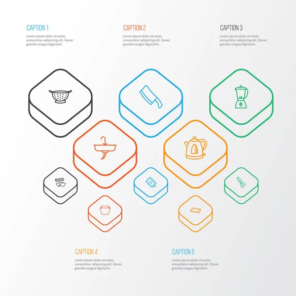 Gastronomi simgeler stil doğrama bıçağı, blender, toprak kap ve diğer seramik öğeleri kümesi satır. İzole vektör çizim gastronomi simgeler.