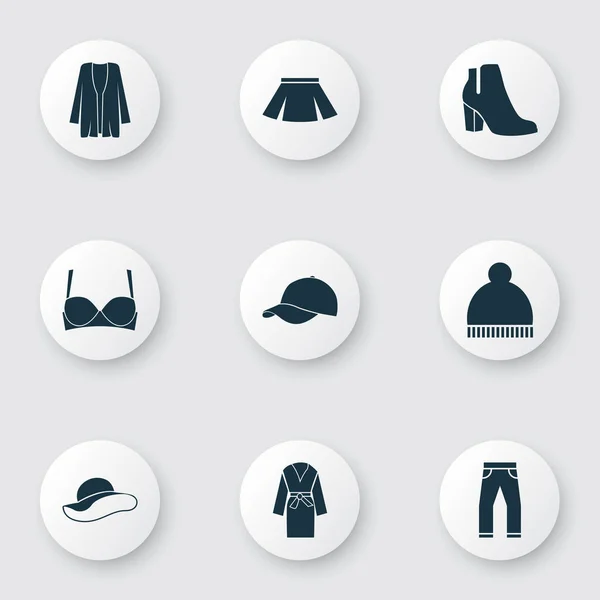 Kledingstuk pictogrammen instellen met laarzen, rok, kleding en andere elementen van de jeans. Geïsoleerde vector illustratie kledingstuk pictogrammen. — Stockvector