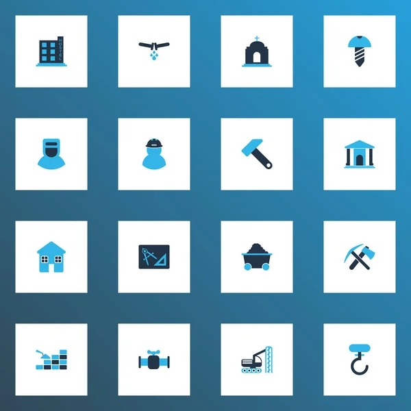 Industrieikonen farbiges Set mit Schraube, Vorarbeiter, Bohrmaschine und anderen Pipeline-Elementen. isolierte Vektor Illustration industrielle Symbole. — Stockvektor