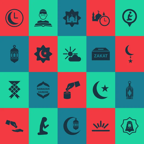 Icônes de religion avec lanterne, temps, éléments humains et autres éléments islamiques. Illustration vectorielle isolée icônes religion . — Image vectorielle