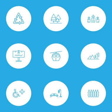 Kamu. Manzarası simgeler satır stil kümesi ile ahşap çit, tezgah sokak lambası, mezarlık ve diğer yeniden elemanları. İzole illüstrasyon genel. Manzarası simgeler.