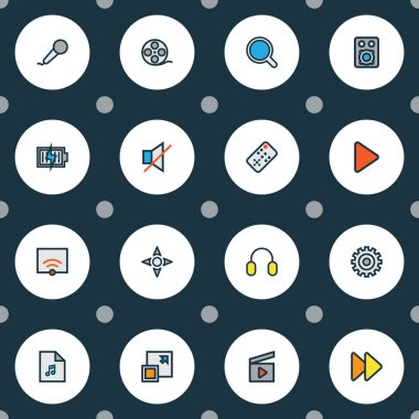 Ses ile yola çıktık, satır renkli medya simgeleri büyütmek, denetleyici ve diğer sinema öğeleri alkış. İzole illüstrasyon medya simgeler.