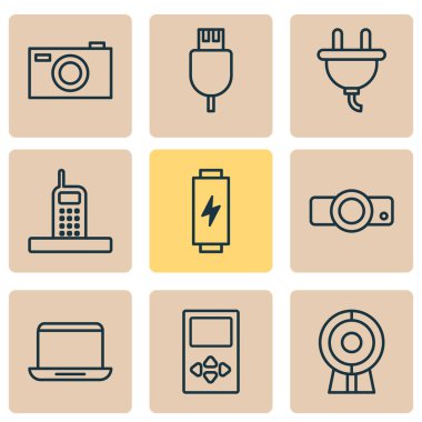 Aracı Icons set ile dizüstü bilgisayar, tak, fotoğraf cihazları ve diğer arama öğeleri ile. İzole illüstrasyon gadget simgeler.