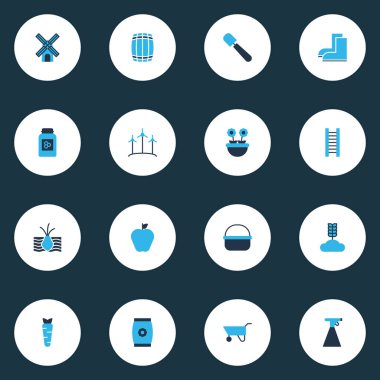 Çiftlik simgeler çiçek tohumu, spatula ve diğer el arabası öğeleri ile renkli çiçek, ayarla. İzole illüstrasyon çiftlik simgeler.