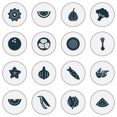 Meyve simgeler karpuz, baklagil, coco ve diğer havuç öğeleri ile ayarlayın. İllüstrasyon izole meyve simgeler.