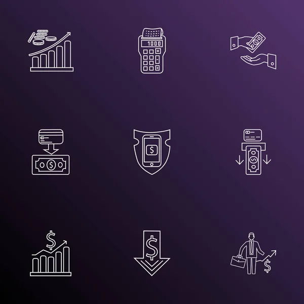 Financial icons line style set with business success, secure payment, stock decrease and other downward elements. Isolated  illustration financial icons.