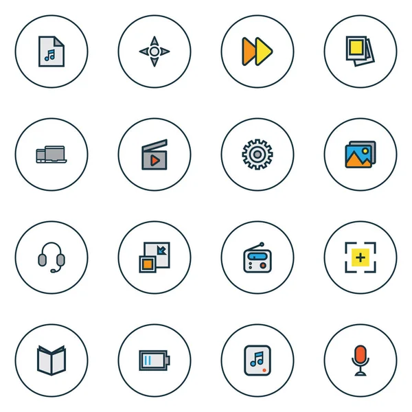 Media icons colored line set with low battery, song list, textbook and other tuner elements. Isolated  illustration media icons.