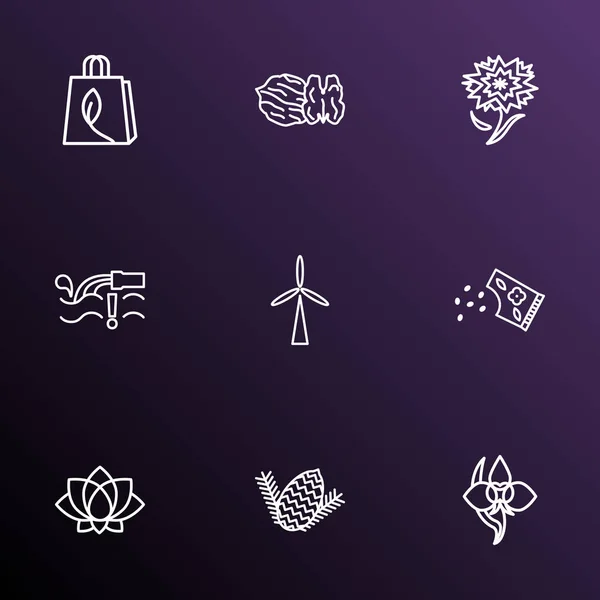 Ekologia ikony stylu zestaw z turbiny wiatrowej, orzech, kwiat nasion i innych elementów lilii wodnej linii. Ikony ekologia ilustracja na białym tle. — Zdjęcie stockowe